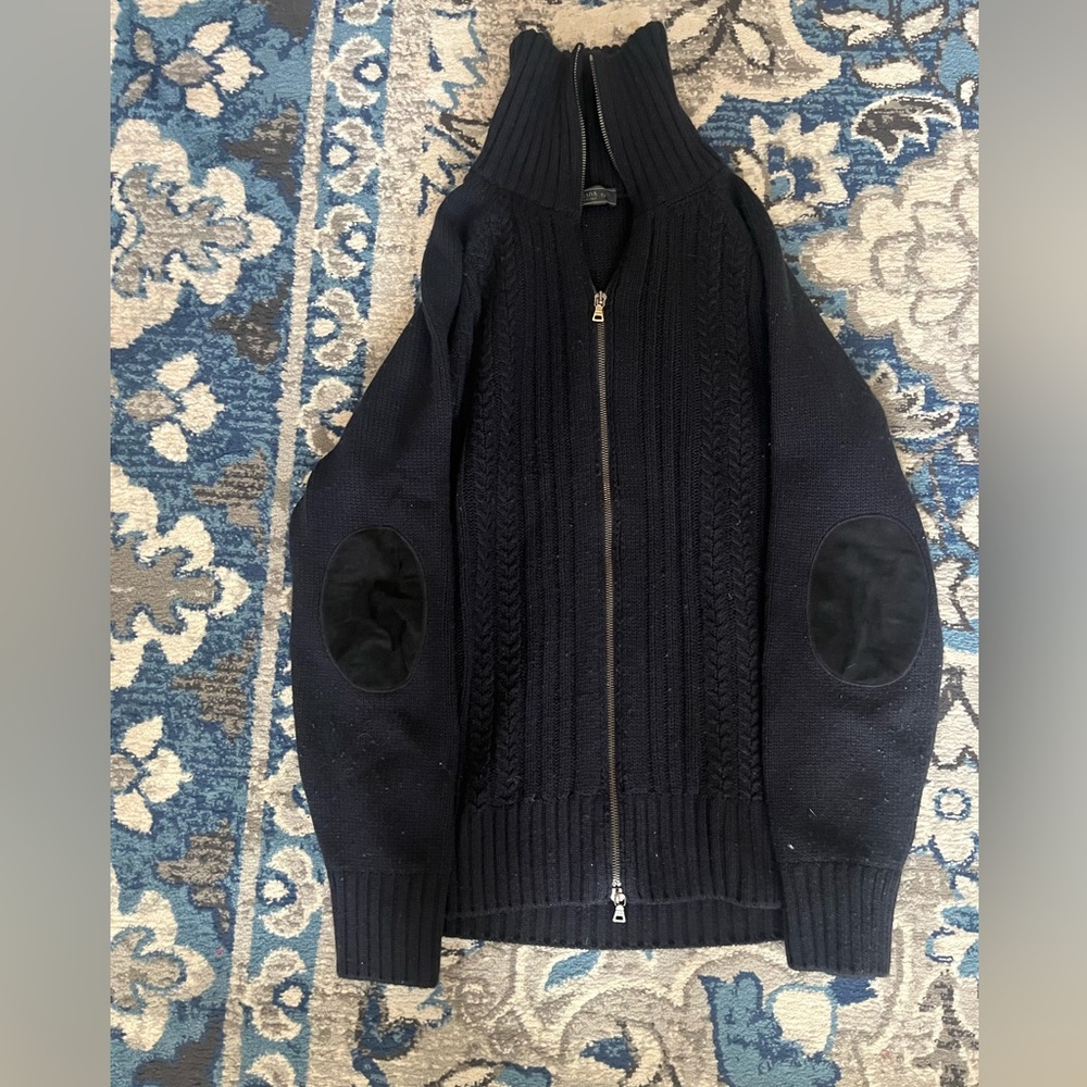 Prada Quiet Luxury Cashmere Navy Full-Zip Leather Elbow Patch Retail $1200